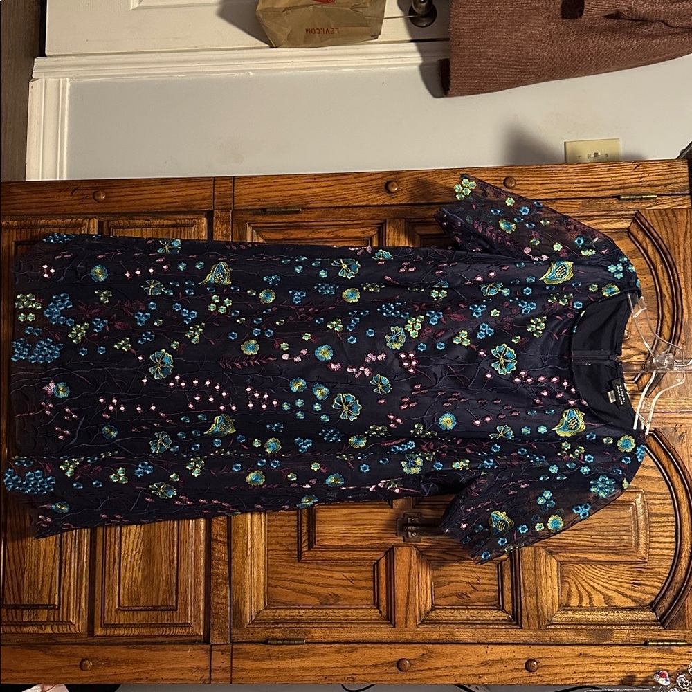 Tahari Navy Dress with Vibrant Floral Embroidery